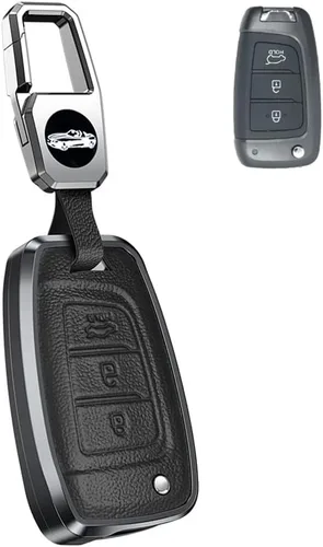 SANRILY Marco de aleación de aluminio y funda de cuero genuino para llavero Hyundai I30 Kona 2017 en adelante, Veloster 2018 sin llave, protección