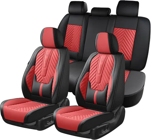 Miniatura 38 de Coverado Fundas de asiento de automóvil, juego completo de fundas de asiento de cuero sintético, fundas protectoras de asiento de lujo, ajuste Rojo