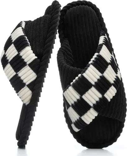 Miniatura 14 de GOEWY - Pantuflas para mujer con espuma viscoelástica para el hogar, con entretejido de pana, tiras cruzadas, con punta abierta, sandalias cómodas