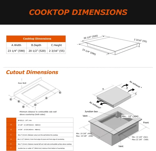 Miniatura 6 de Cocina de inducción de 24 pulgadas de 4 quemadores, encimera plana de vidrio eléctrico con Bridge-SYNC, 3 modos preestablecidos de refuerzo