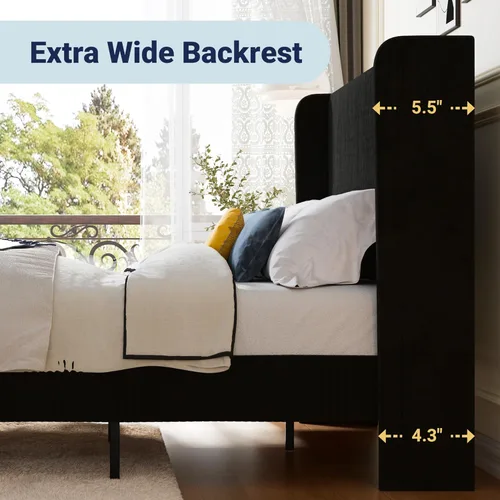 Miniatura 5 de Allewie - Base de cama tamaño Queen con cabecera tapizada de ala de respaldo, plataforma de cama de terciopelo corduroy acolchado con diseño Negro