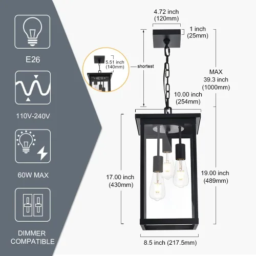 Miniatura 5 de TODOLUZ Lámpara Colgante de Exterior de 3 Luces Negra, Linterna Colgante Exterior Ajustable Luz de Porche