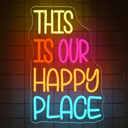 Miniatura 2 de NOSUN Letrero de neón con texto en inglés «This is Our Happy Place» para decoración de pared, letras coloridas y alegres, luces LED de neón con USB