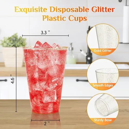 Miniatura 2 de Vplus 100 unidades de 14 onzas de vasos de plástico grandes con purpurina dorada resistentes, vasos de plástico desechables elegantes, vasos