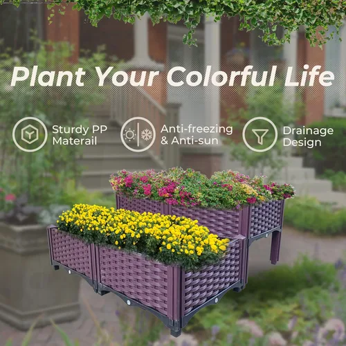 Miniatura 2 de Cama de jardín elevada de plástico de 4 piezas, cajas de cultivo, kit de caja de cuidado para plantas de interior y exterior, cajas de jardín