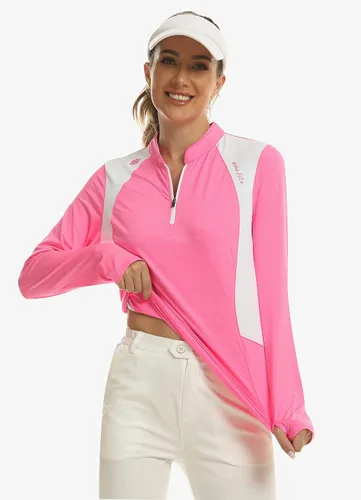 Miniatura 2 de MoFiz Polo de tenis de golf con cremallera para mujer, manga larga, sin cuello, atlético, de secado rápido, para senderismo, ajuste delgado