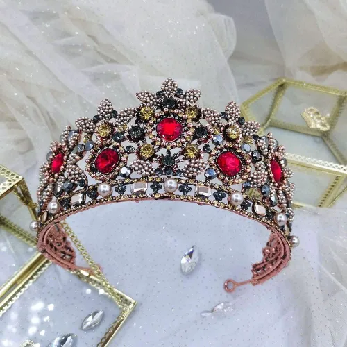 Miniatura 4 de hair jewelry crown tiaras for women Wedding Tiaras and Crowns Red Rhinestone Bridal Hair Jewelry Retro Crystal Women Headpiece Baroque Headdband