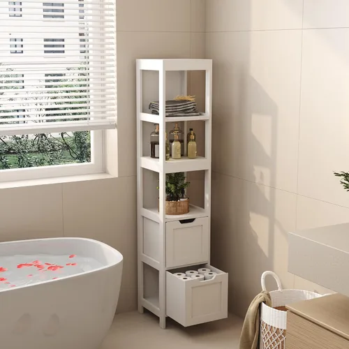 Miniatura 2 de HOMEFORT Armario de almacenamiento para baño, armario alto y estrecho con cubículo, gabinete de esquina delgada, torre de lino de madera, con puerta