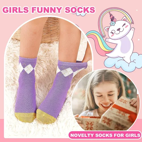 Miniatura 2 de Calcetines antideslizantes para niñas pequeñas, calcetines de agarre antideslizantes, 12 pares con divertidos patrones para niñas de 1 a 7 años