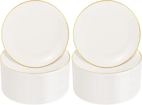 Miniatura 22 de Nervure - Juego de 100 platos de plástico desechables negros de 7.5 pulgadas, platos de postre negros desechables, platos de plástico dorado