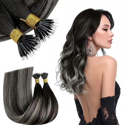 RUNATURE Extensiones de cabello humano nano color negro degradado plateado, 14 pulgadas, 1.76 onzas, 50S, extensiones de cabello Remy suave liso con