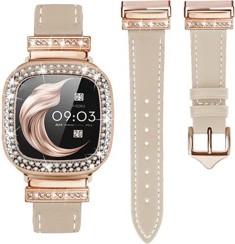 Miniatura 10 de Correa de cuero compatible con Fitbit Sense 2/Versa 4 para mujeres, elegante correa de cuero con hebilla metálica en forma de D con strass con funda