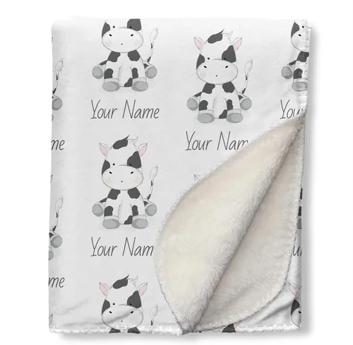 Manta de bebé Sherpa personalizada, diseño de vaca de dibujos animados con nombre personalizado, regalo suave para cuna y cochecito para recién