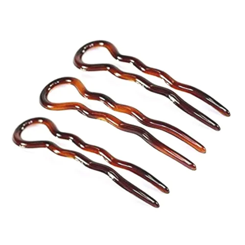 Parcelona French Sleek Brown Tortoise Shell Grande 3 1/2" Celuloide Hecho en Francia Juego de 3 horquillas onduladas en forma de U para mujeres y