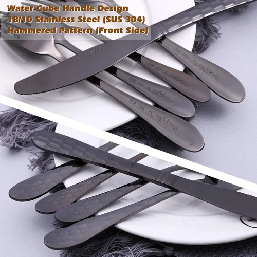 Miniatura 2 de Juego de cubiertos negros de 40 piezas para 8, cubiertos de acero inoxidable 18/10 para 8, elegante diseño de panal de abeja, incluye cuchillo