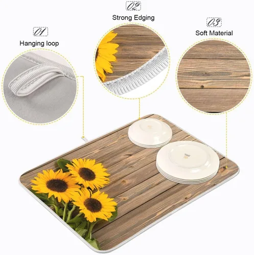 Miniatura 4 de Tapete de secado de platos, girasoles en madera, tapete de secado reversible absorbente de flores, tapete de secado de platos, tapete para secar
