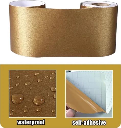 Miniatura 2 de Borde de pared autoadhesivo 3D de color metálico, impermeable, fácil de aplicar, azulejos de cocina y baño, 4.2 x 196.8 pulgadas (dorado)