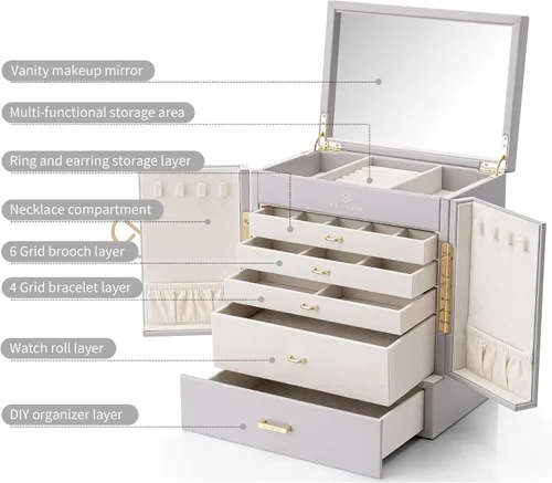 Miniatura 5 de Vlando Joyero organizador 2023 para mujer, caja de joyería grande con 5 dibujados, cajas de joyería de piel sintética, aretes, collar, anillos, gris