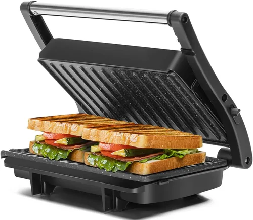 Panini - Parrilla de prensa, sandwichera Aigostar de 1000 W con placas antiadherentes de cerámica, abre 180 grados para cualquier tamaño de Negro
