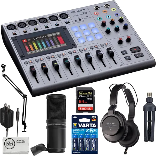 Zoom PodTrak P8 - Grabadora portátil de podcasts multipista con paquete de micrófono de podcast Zoom ZDM-1 + tarjeta de 64 GB + baterías + brazo de