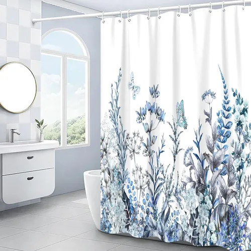 Miniatura 2 de Cortina de ducha floral, juego de cortina de ducha con flores azules, cortinas de ducha botánicas de flores silvestres para baño, tela impermeable