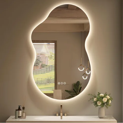 SMIROR Espejo de Baño Retroiluminado Irregular con Luces 20 x 32, Espejo de Tocador con Luz LED Asimétrica en Forma de Nube para Pared,