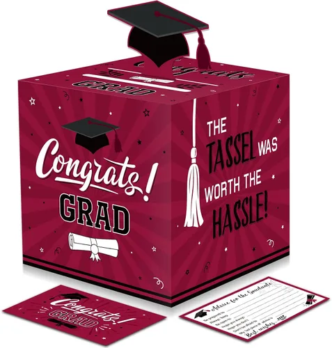 Miniatura 7 de Funrous Caja grande para tarjetas de graduación 2026 en negro y dorado con 30 piezas de tarjetas de consejos, caja de dinero, caja de dinero