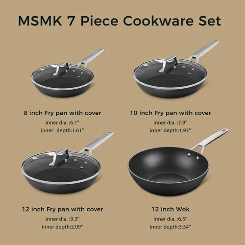Miniatura 6 de MsMk Juego de sartenes antiadherentes de 7 piezas, 8, 10, 12 pulgadas y wok de inducción de 12 pulgadas con tapas de vidrio templado, distribución