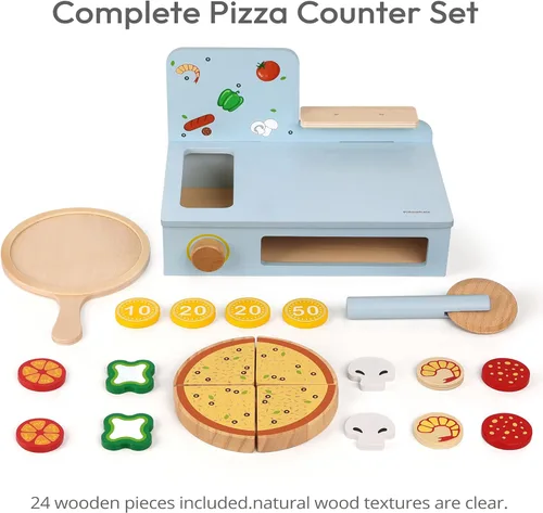 Miniatura 2 de Pillowhale Set de Pizza de Madera – 24 Piezas Juguete de Pizza de Juego Simbólico para Cortar y Servir, Corte con Velcro, Juego de Rol de Cocina