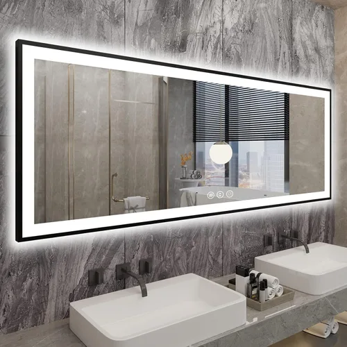 Miniatura 56 de EchosLife Espejos de baño LED de 20 x 28 pulgadas para pared, marco de aluminio negro (frontal y retroiluminado), espejo de tocador antivaho