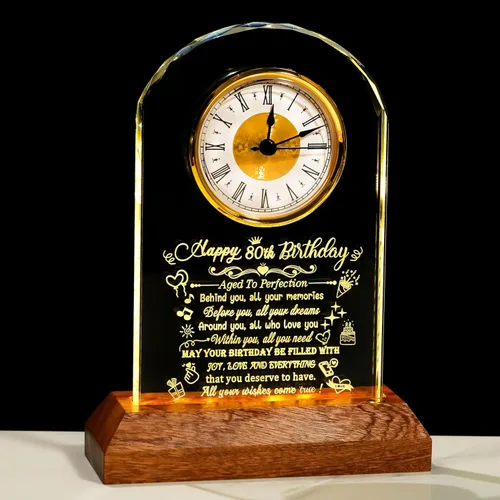 Arikyrist Reloj de cristal de feliz cumpleaños 80 para hombres y mujeres, reloj de cuarzo con base de luz LED de madera, regalos de cumpleaños de 80