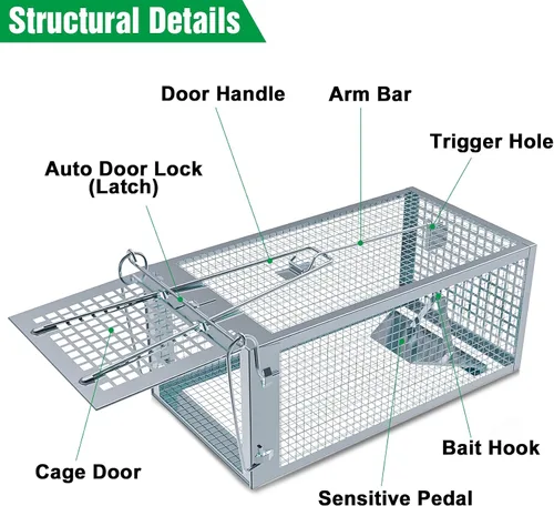 Miniatura 2 de Trampa para animales vivos, jaula plegable resistente para gatos, ardillas, zorrillos, mapaches, zorros, zorros, captura y liberación de zorros