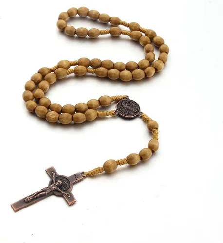 KOMI Rosarios católicos de madera hechos a mano, collar de cuentas de rosario de madera de Belén, medalla de suelo santo y cruz de metal para regalo