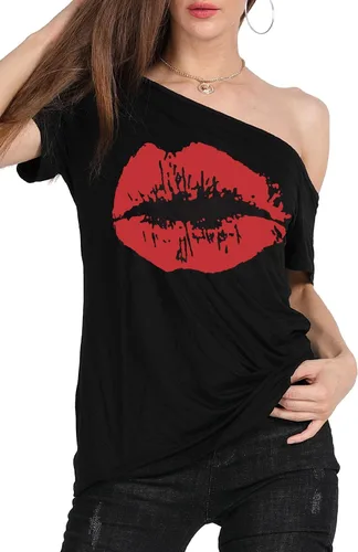Miniatura 52 de MAGICMK - Camiseta casual para mujer, con estampado de labios y hombro descubierto, talla extragrande