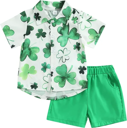 Conjunto de 2 piezas de camiseta de manga corta con botones y pantalones cortos sólidos para bebé niño