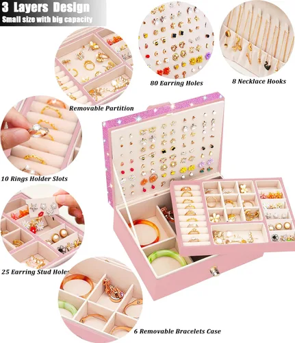 Miniatura 57 de Joyero de pendientes para mujeres y niñas, organizador de aretes de 5 capas, caja organizadora de joyas blanca con candado, collares y aretes