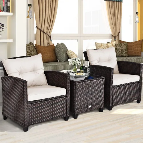 Miniatura 3 de Tangkula Juego de muebles de patio de 3 piezas, mimbre de ratán PE, juego de sofá de 3 piezas para exteriores con cojín lavable y superficie de mesa