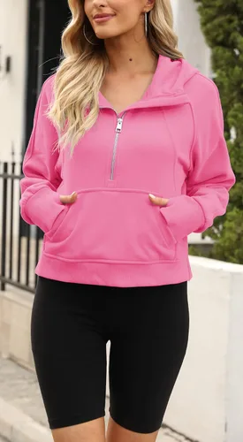 Miniatura 4 de Sudaderas con capucha para mujer, media cremallera, con forro polar, cuello con cremallera, sudaderas recortadas de manga larga