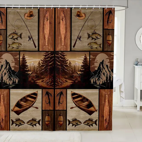 Cortina de ducha con diseño de peces para niños, juego de cortina de ducha con diseño de anzuelo de pez, decoración de animales marinos, granja,