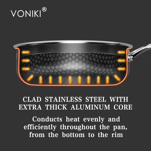 Miniatura 3 de Juego de utensilios de cocina VONIKI de acero inoxidable tricapa híbrido, juego de ollas y sartenes antiadherentes con cesta para cocinar al vapor