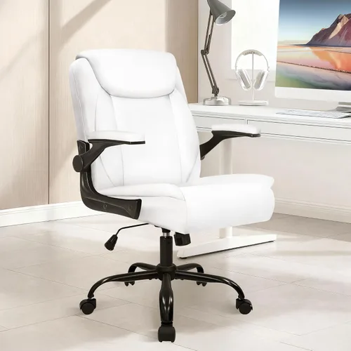 Miniatura 2 de NEO CHAIR Silla de escritorio para oficina y computadora, silla ejecutiva ergonómica de respaldo medio de cuero para juegos con apoyabrazos Blanco