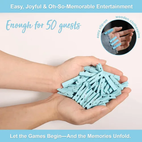Miniatura 4 de Juegos de baby shower para niños, juego de Don't Say Baby Game, 1 letrero y 52 mini pines azules para ropa, juego de pinzas para ropa de baby shower