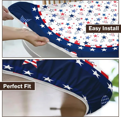 Miniatura 6 de Mantel redondo ajustable para el 4 de julio con borde elástico, impermeable, lavable, azul, rojo, blanco, estrella, patriótica, independencia, Día