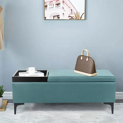 Miniatura 3 de Joveco Mesa auxiliar rectangular con bandeja elevadora, banco otomano de almacenamiento con patas de metal, banco tapizado en el extremo de la cama