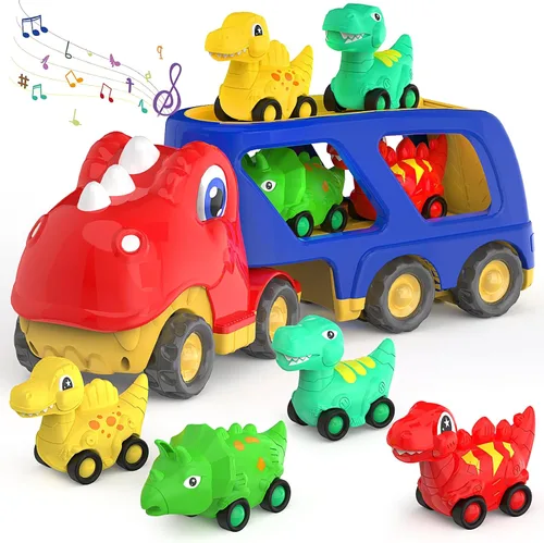 Miniatura 8 de Juguetes de dinosaurio para niños de 2 a 4 años, camión transportador de automóvil de dinosaurio con 4 autos de dinosaurio de tracción hacia atrás