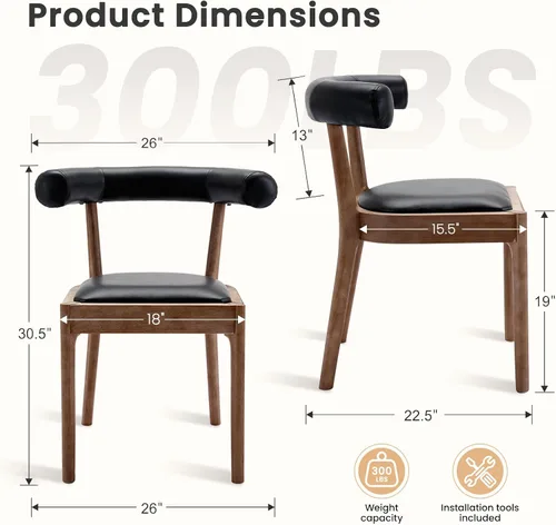 Miniatura 2 de Kmax Sillas de comedor de mediados de siglo modernas sillas de cocina de cuero con marco acabado de nogal natural, respaldo curvado de poliuretano
