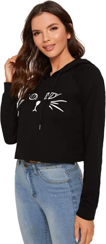Miniatura 8 de Sudadera SweatyRocks corta con capucha, manga larga, con estampado de gato, para mujer