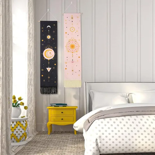 Miniatura 2 de Ochine Paquete de 2 tapices de fase lunar para colgar en la pared, tapices bohemios, fases blancas y negras, decoración del hogar para sala de estar
