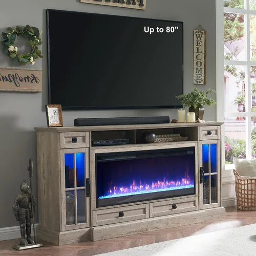 Miniatura 9 de RedLemon Soporte de TV con chimenea de granja para TV de 80 pulgadas, centro de entretenimiento de 36 pulgadas de alto con chimenea eléctrica