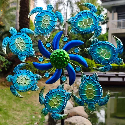 Miniatura 6 de COOZZYHOUR - Giradiscos de tortuga marina de 39" para jardín, estaca temática del océano, decoraciones al aire libre - Estaca de metal para jardín